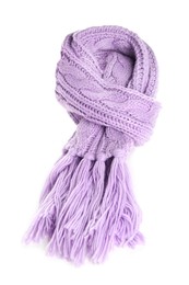 Photo of Violet knitted scarf isolated on white. Stylish accessory