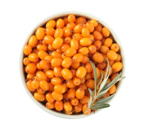 Fresh ripe sea buckthorn berries in bowl isolated on white, top view