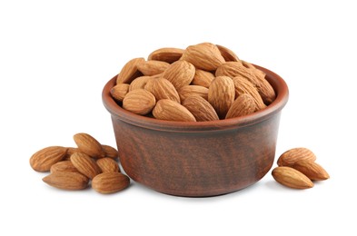 Photo of Bowl and organic almond nuts on white background. Healthy snack