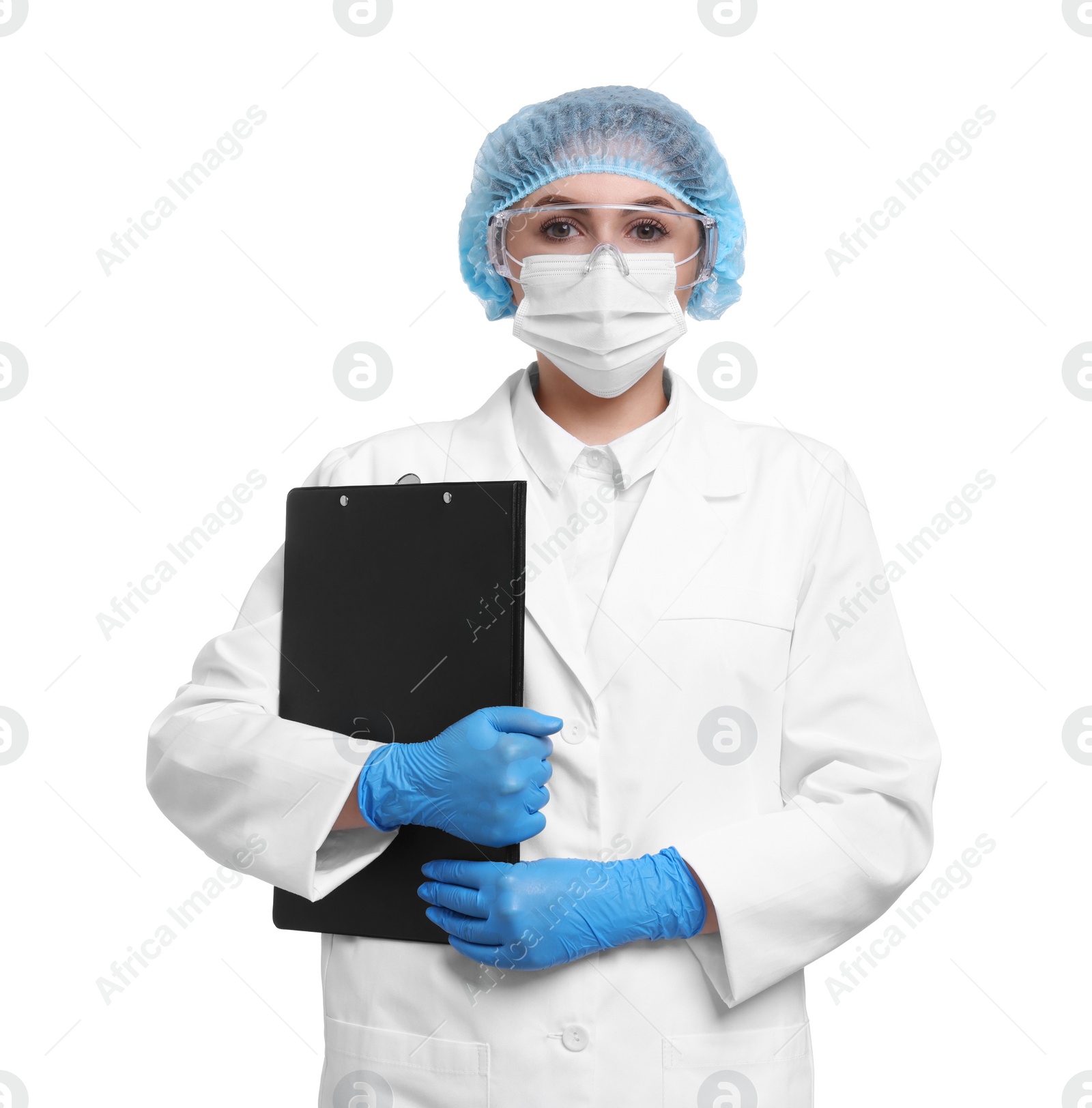 Photo of Quality control. Food inspector with clipboard on white background