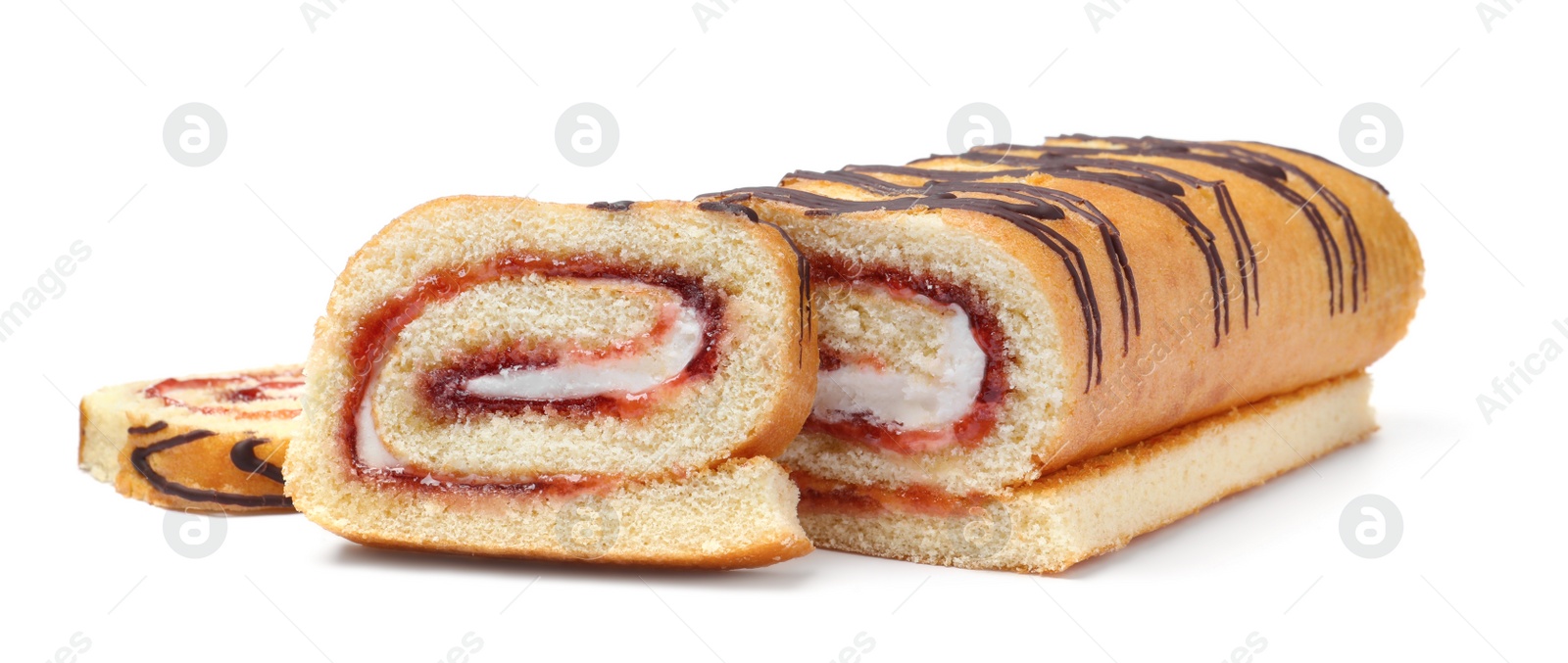 Photo of Tasty cake roll with cream and jam on white background