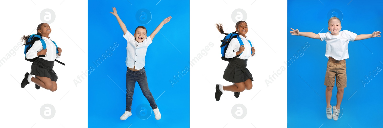 Image of Collage of jumping children in school uniform on color backgrounds. Banner design