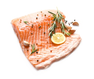Photo of Raw salmon fillet and ingredients for marinade on white background