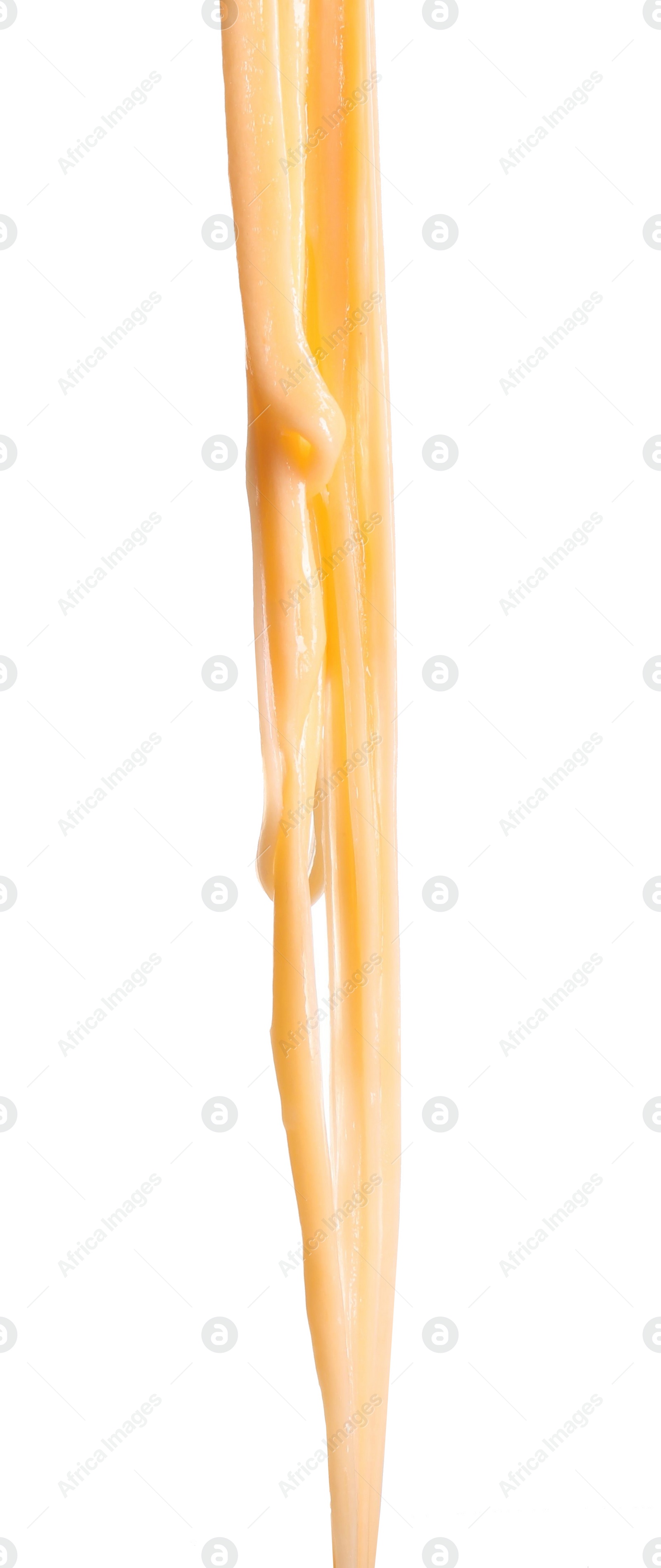 Photo of Stretching delicious melted cheese isolated on white