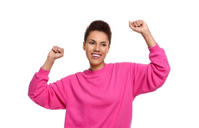 Photo of Happy young woman dancing on white background