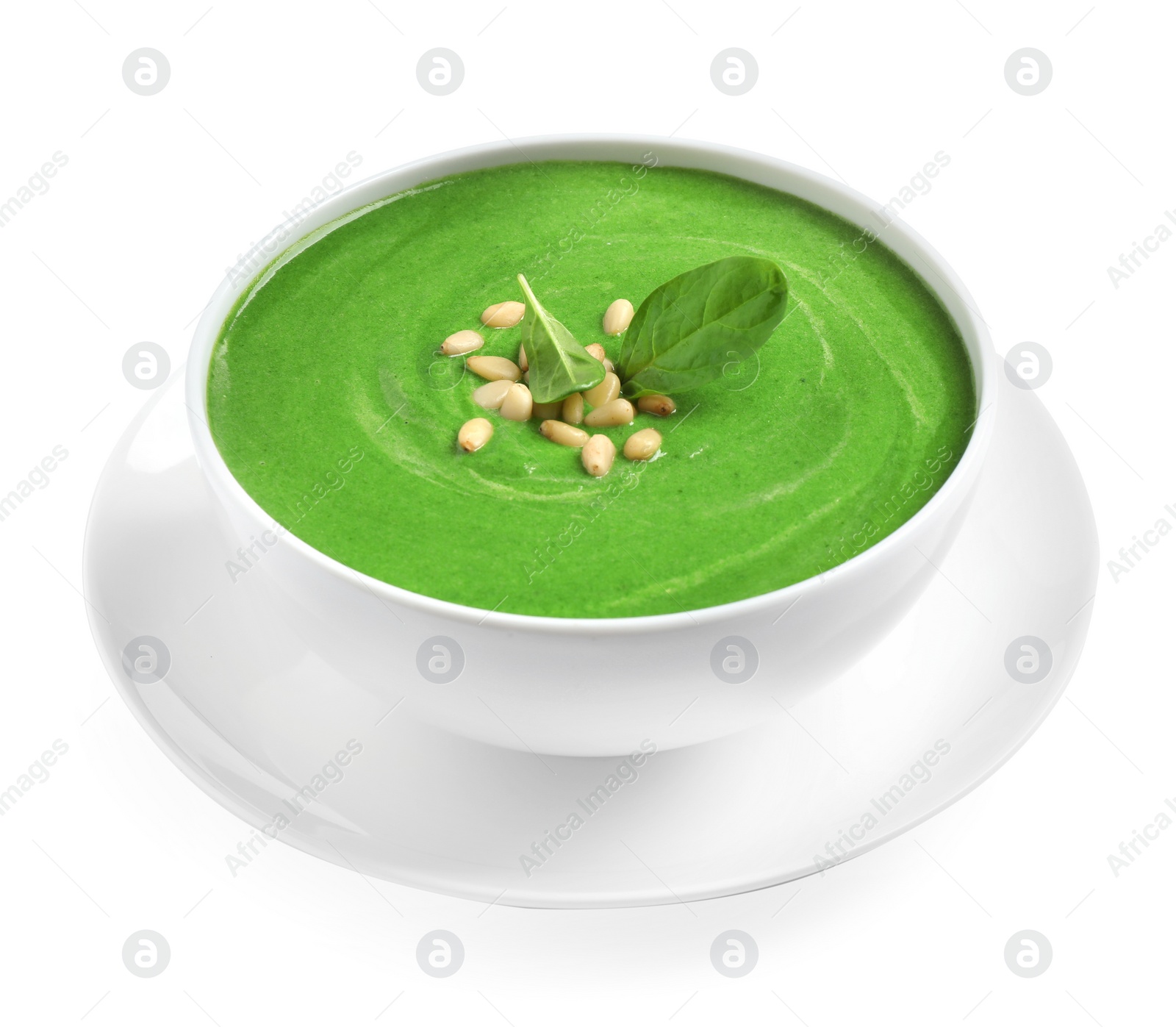 Photo of Bowl of healthy green soup with fresh spinach on white background