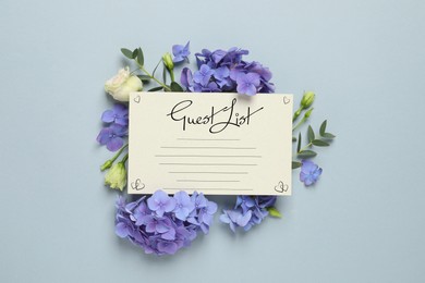 Image of Beautiful flowers and guest list on light blue background, flat lay