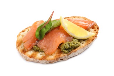 Photo of Delicious bruschetta with salmon and pesto sauce on white background