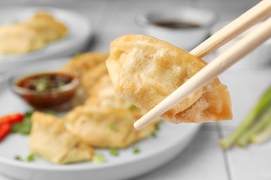 Photo of Holding delicious gyoza (asian dumpling) at table, closeup