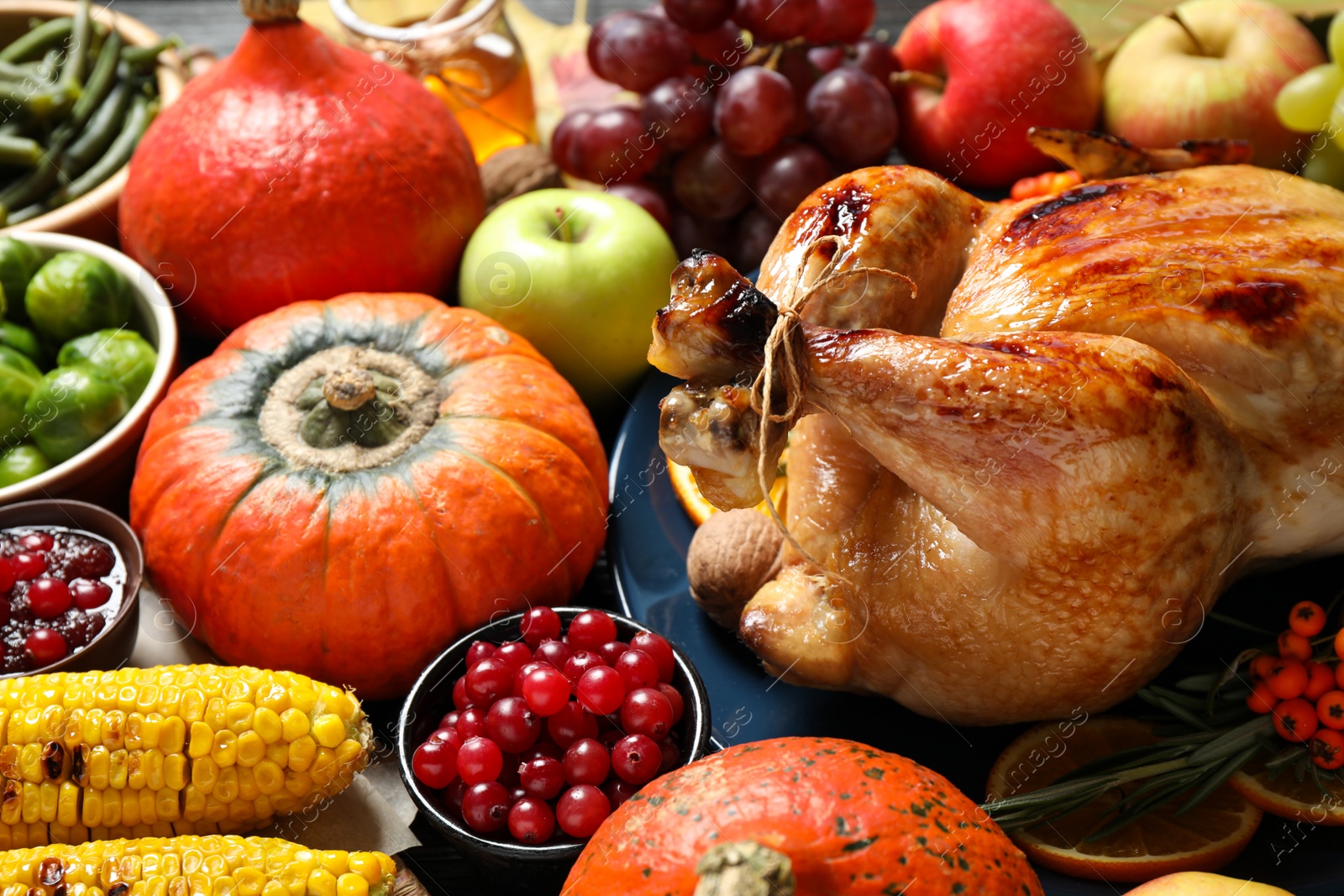 Photo of Composition with turkey as background, closeup. Happy Thanksgiving day