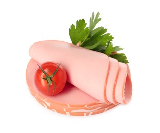 Photo of Slices of delicious boiled sausage with parsley and tomato on white background