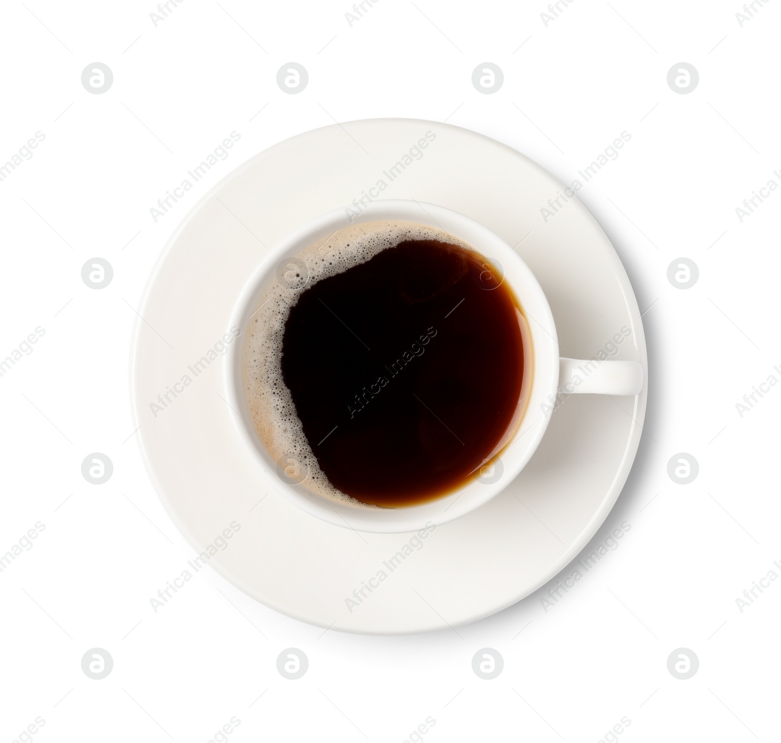 Photo of Tasty coffee in cup isolated on white, top view