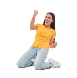 Photo of Happy sports fan celebrating isolated on white