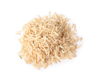 Photo of Uncooked brown rice on white background, top view