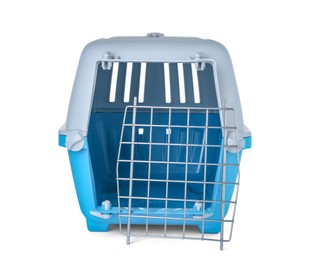 Light blue pet carrier isolated on white