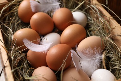 Photo of Fresh chicken eggs and dried hay in wooden crate, closeup