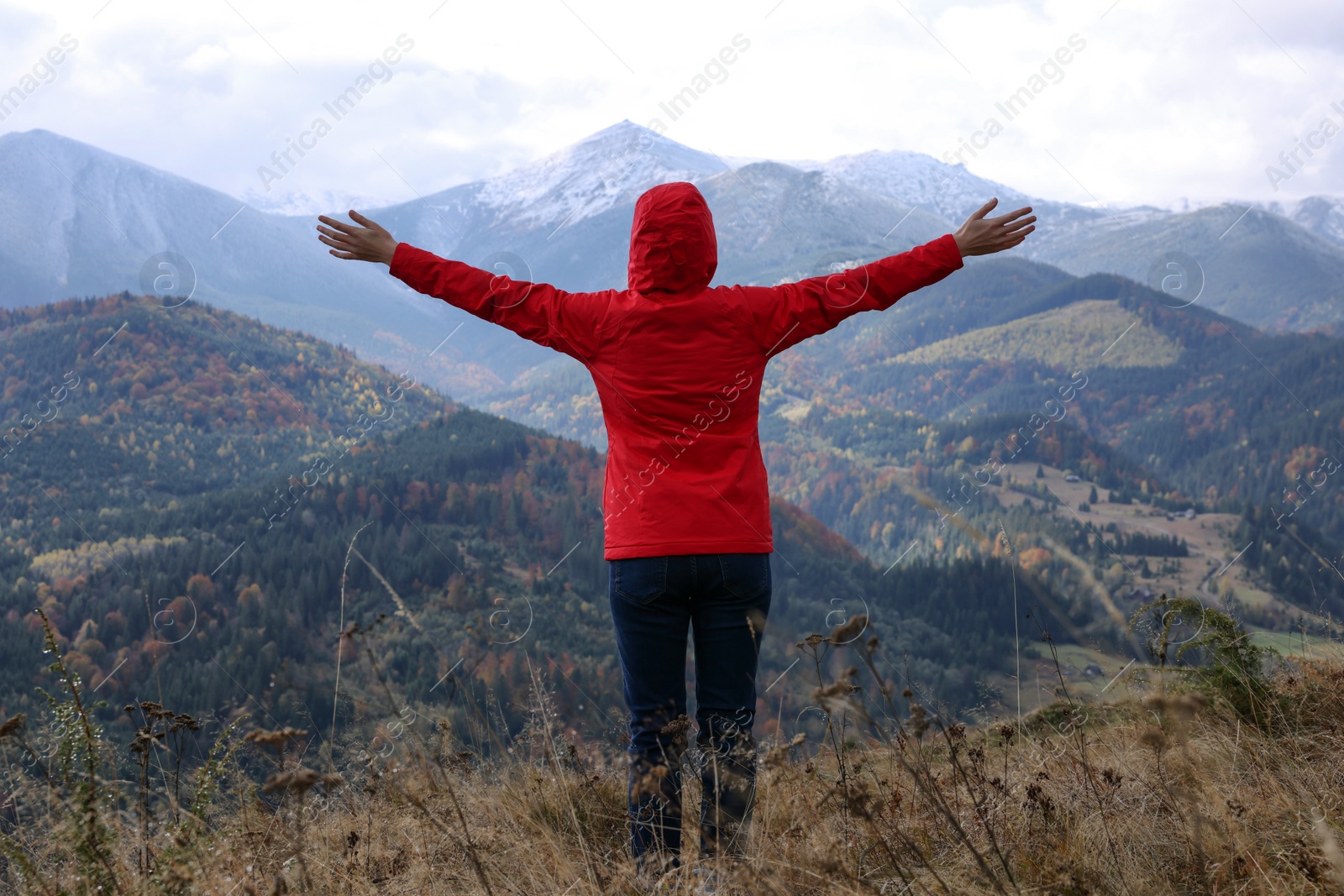 Photo of Happy woman admiring mountain landscape, back view. Feeling freedom