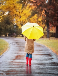 Photo of Woman with umbrella taking walk in autumn park on rainy day