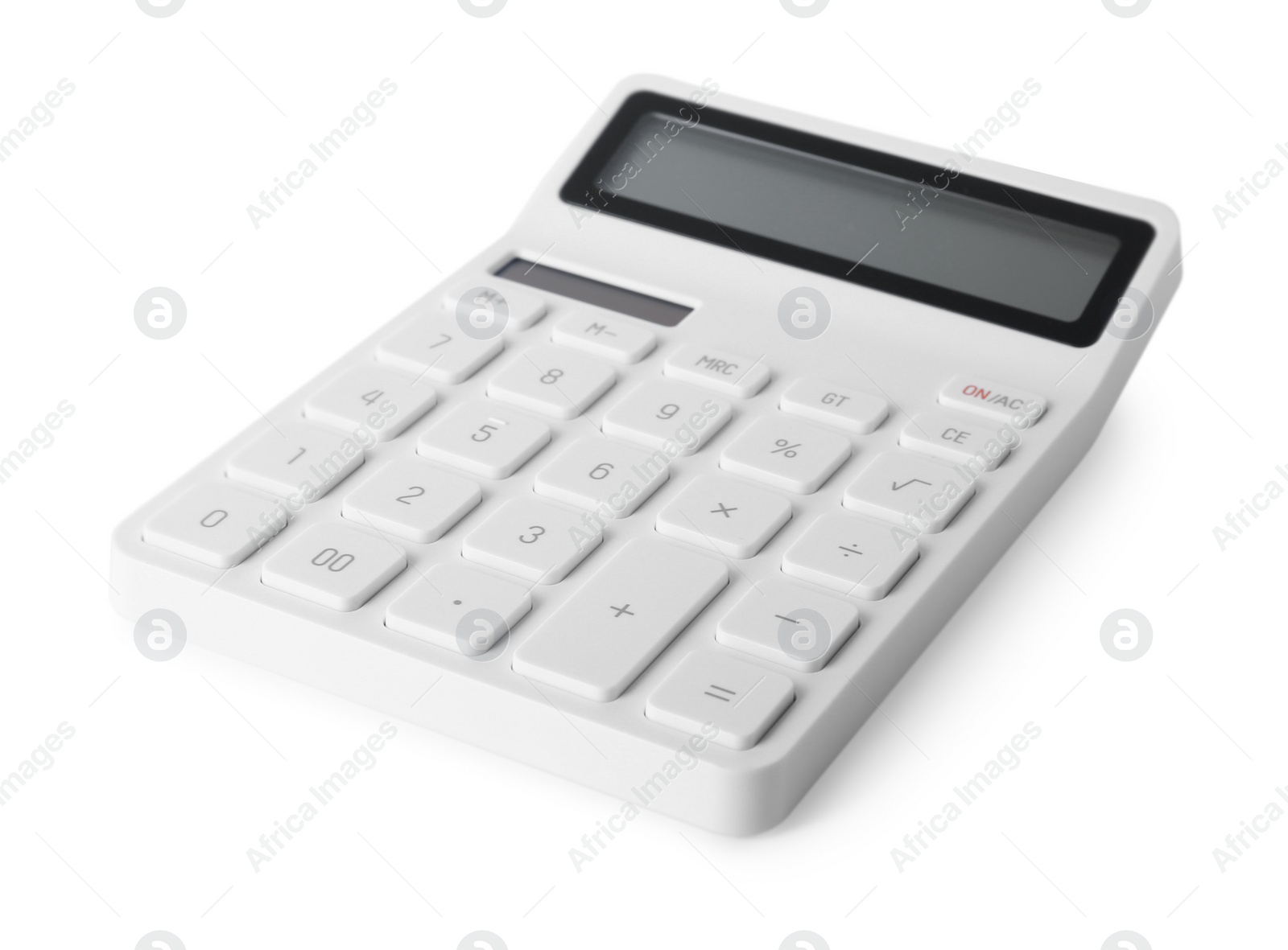 Photo of Modern calculator on white background. School stationery