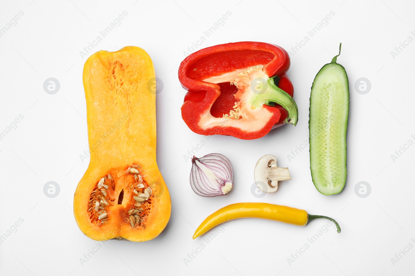 Photo of Flat lay composition with fresh ripe vegetables on white background