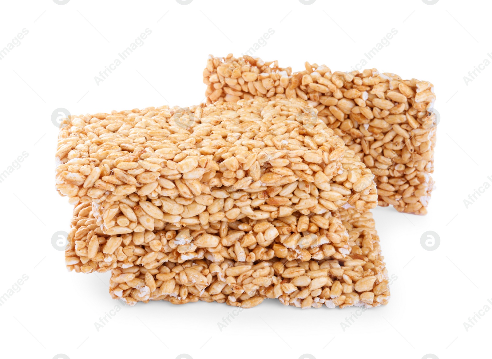 Photo of Delicious rice crispy treats on white background