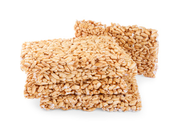 Photo of Delicious rice crispy treats on white background