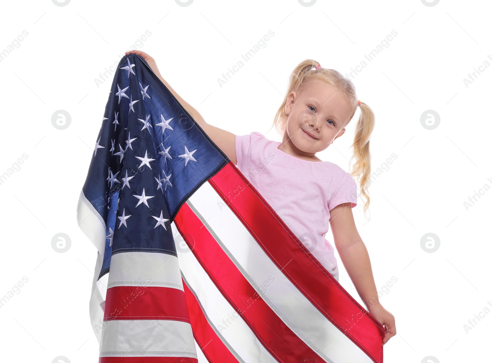 Photo of Portrait of cute little girl with American flag on white background