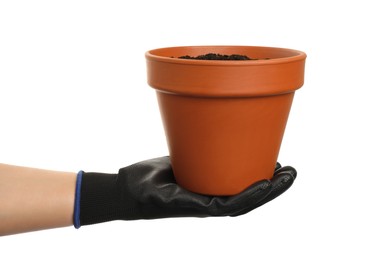 Photo of Woman holding clay flower pot on white background, closeup