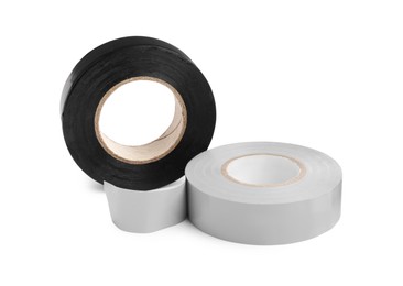 Photo of Colorful insulating tapes on white background. Electrician's supplies