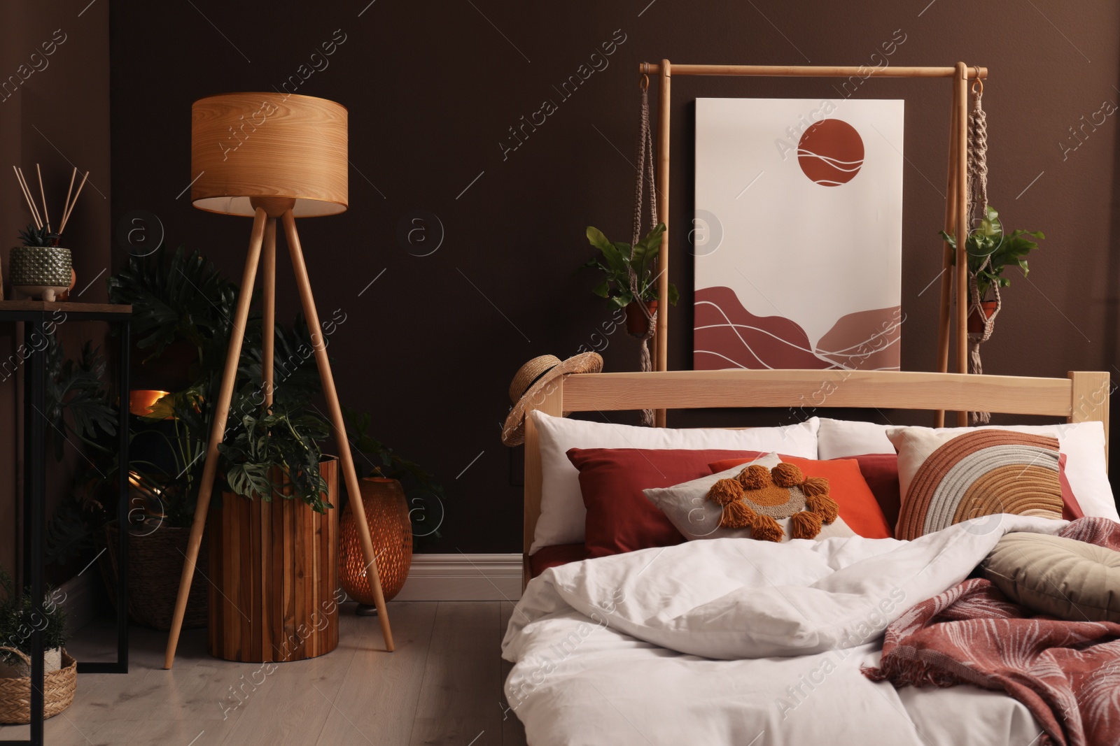 Photo of Modern interior of stylish room with large comfortable bed