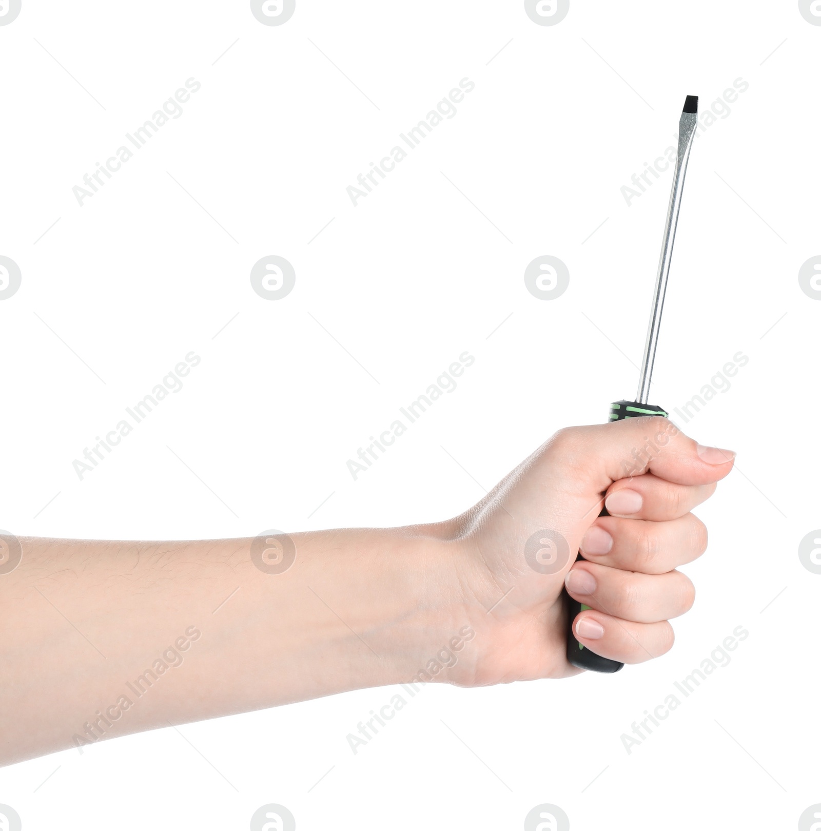 Photo of Woman holding screwdriver on white background, closeup