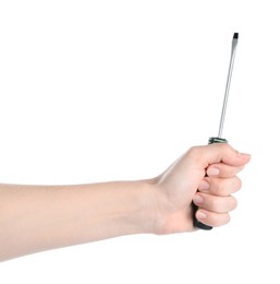 Photo of Woman holding screwdriver on white background, closeup