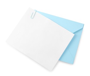 Photo of Blank card and letter envelope isolated on white, top view