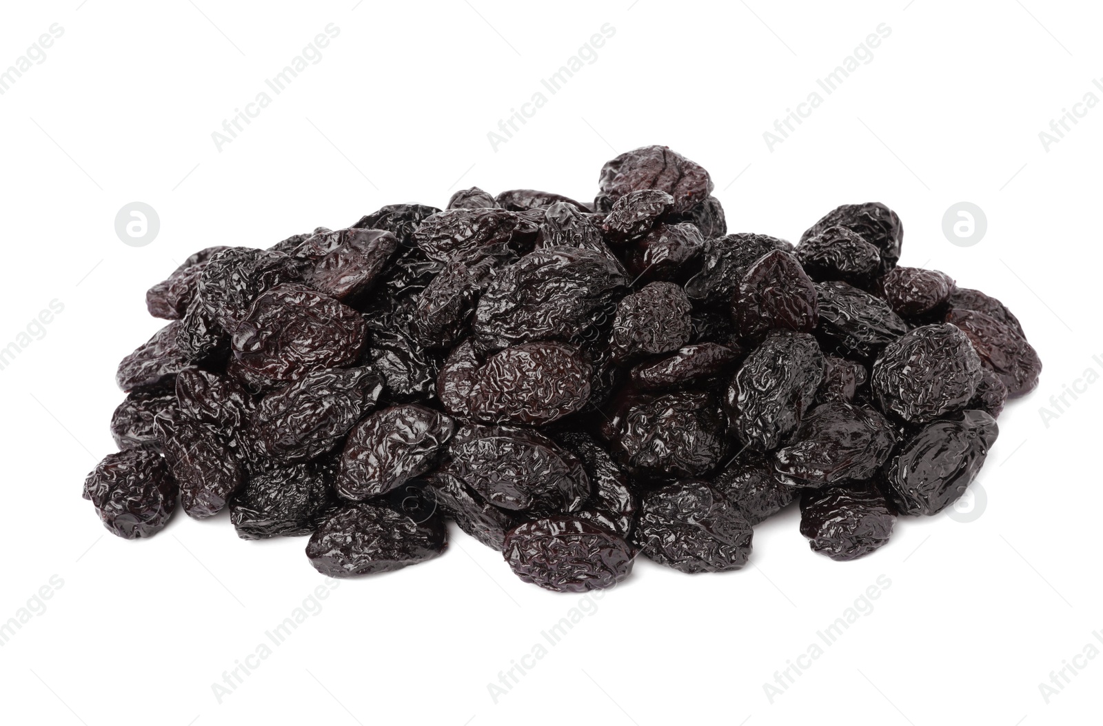 Photo of Pile of sweet dried prunes on white background