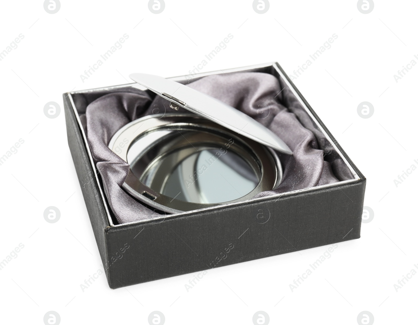 Photo of Cosmetic pocket mirror in box isolated on white