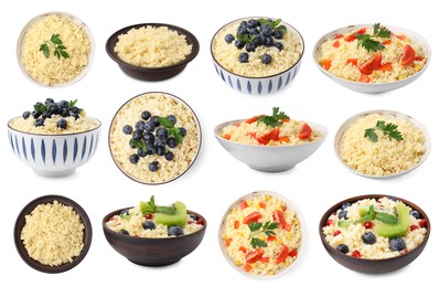 Image of Tasty couscous in bowls isolated on white, set