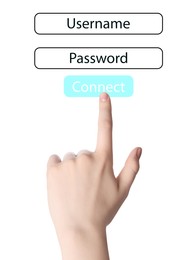 Image of Illustration of authorization interface and woman pressing button CONNECT on white background, closeup