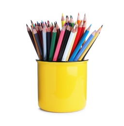 Photo of Colorful pencils in yellow mug on white background