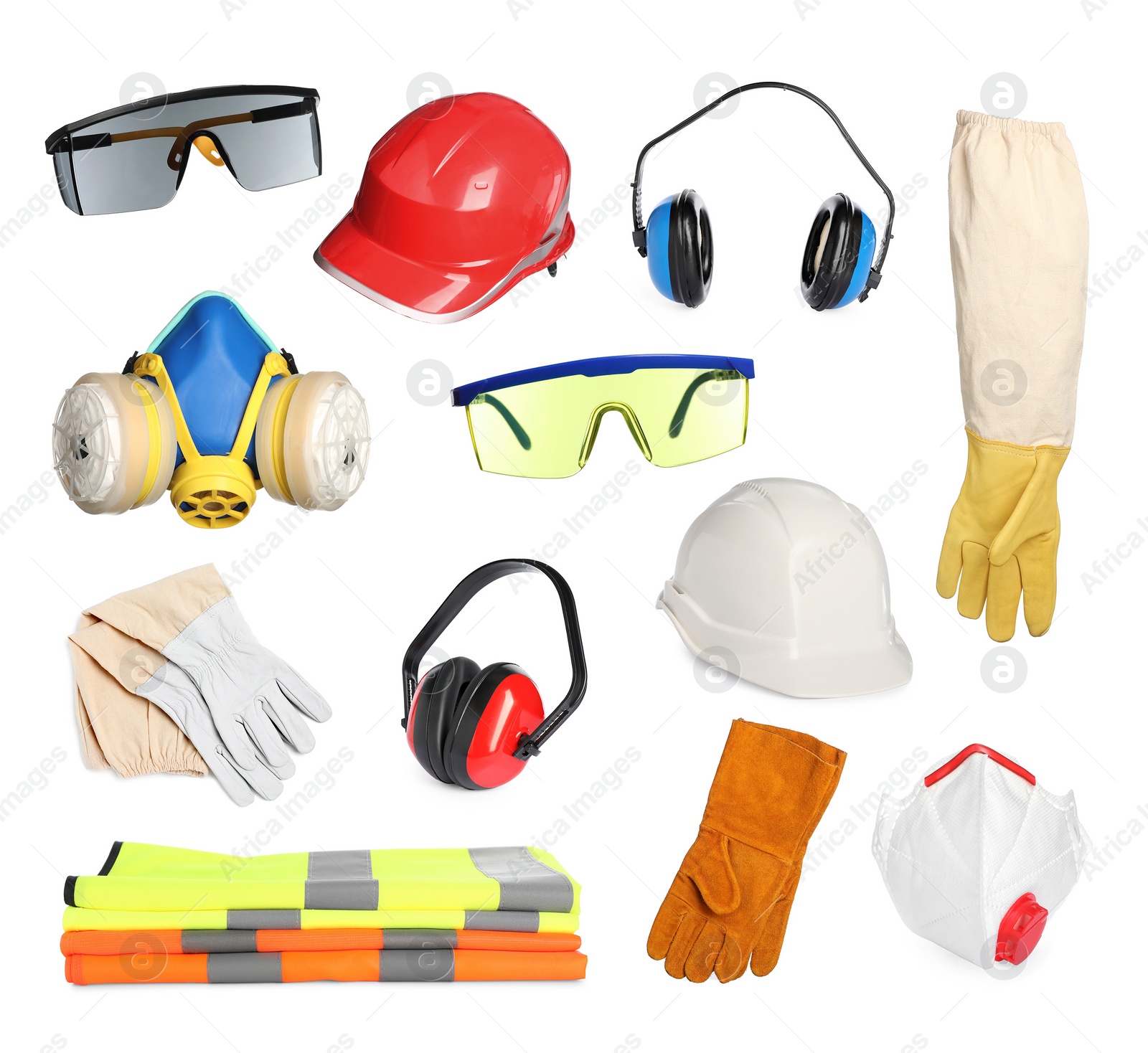 Image of Set with protective workwear on white background. Safety equipment