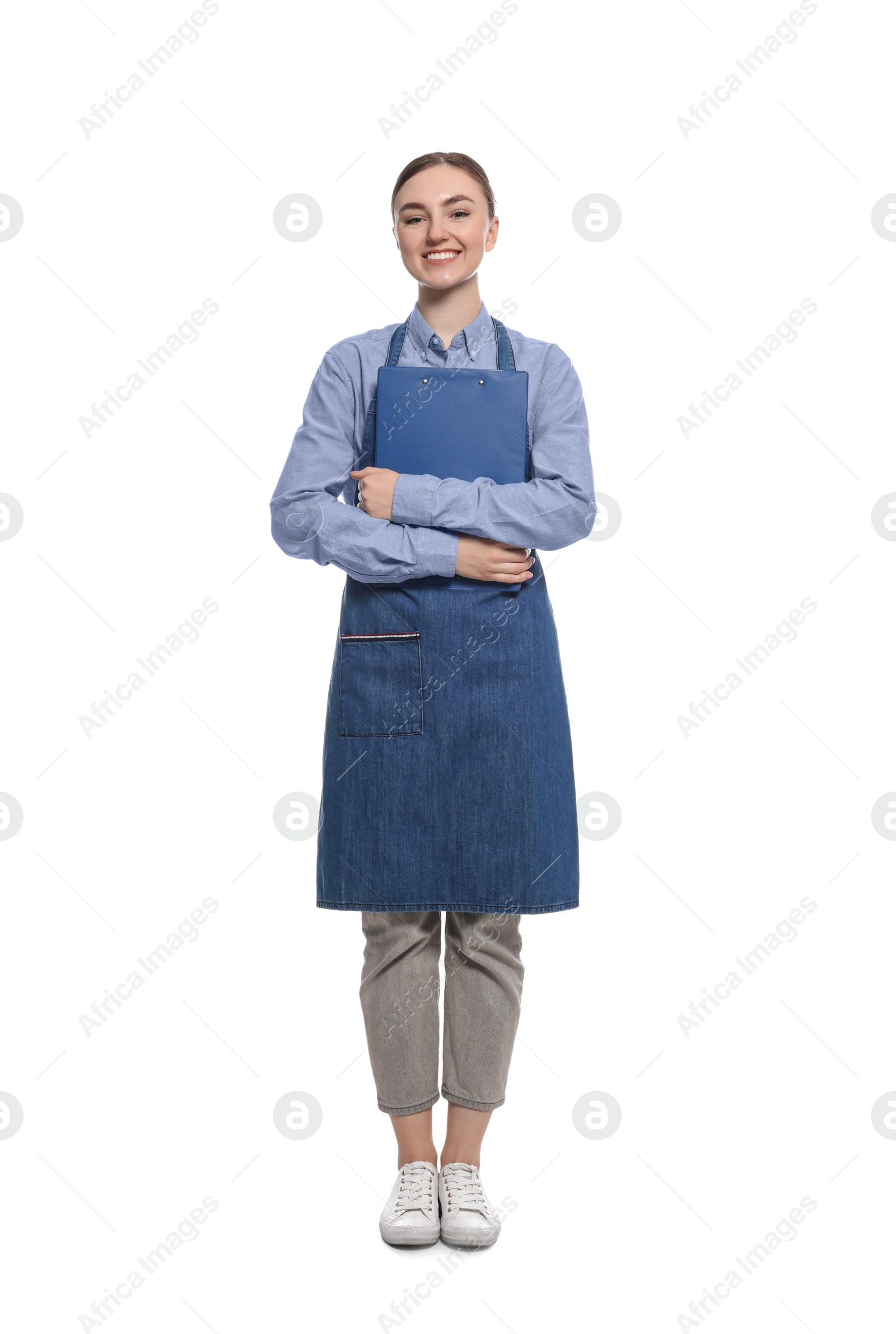 Photo of Beautiful young woman in clean denim apron on white background