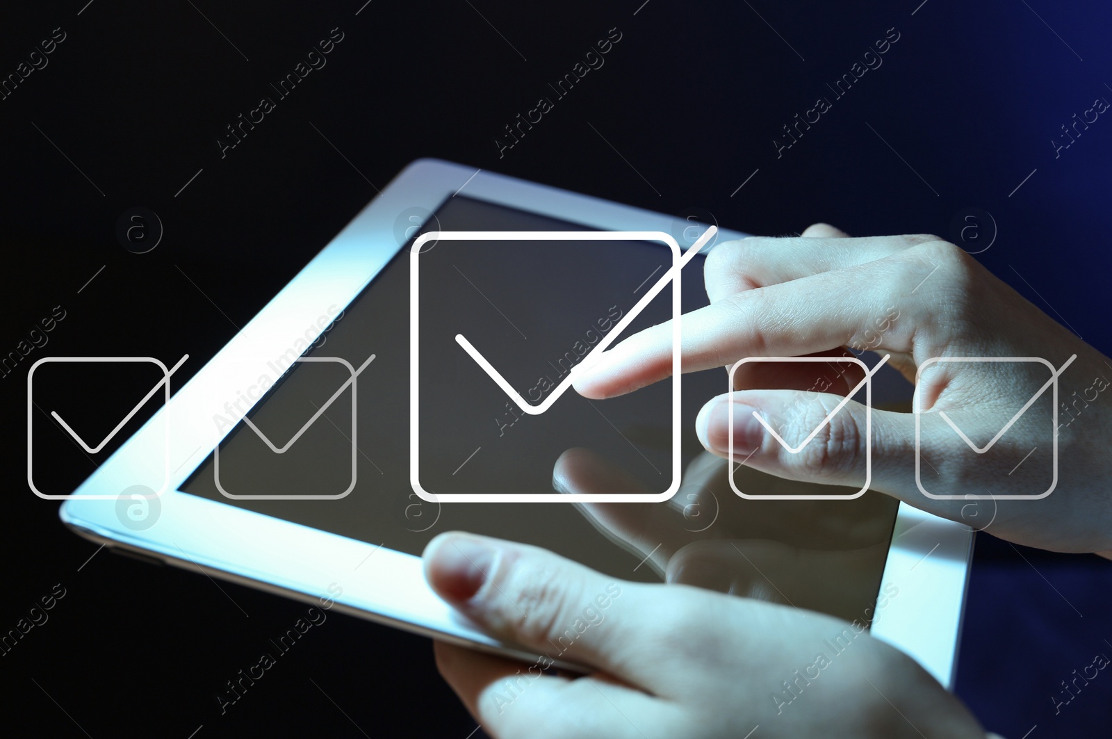 Image of Illustration of check boxes with marks and woman using tablet on dark background, closeup