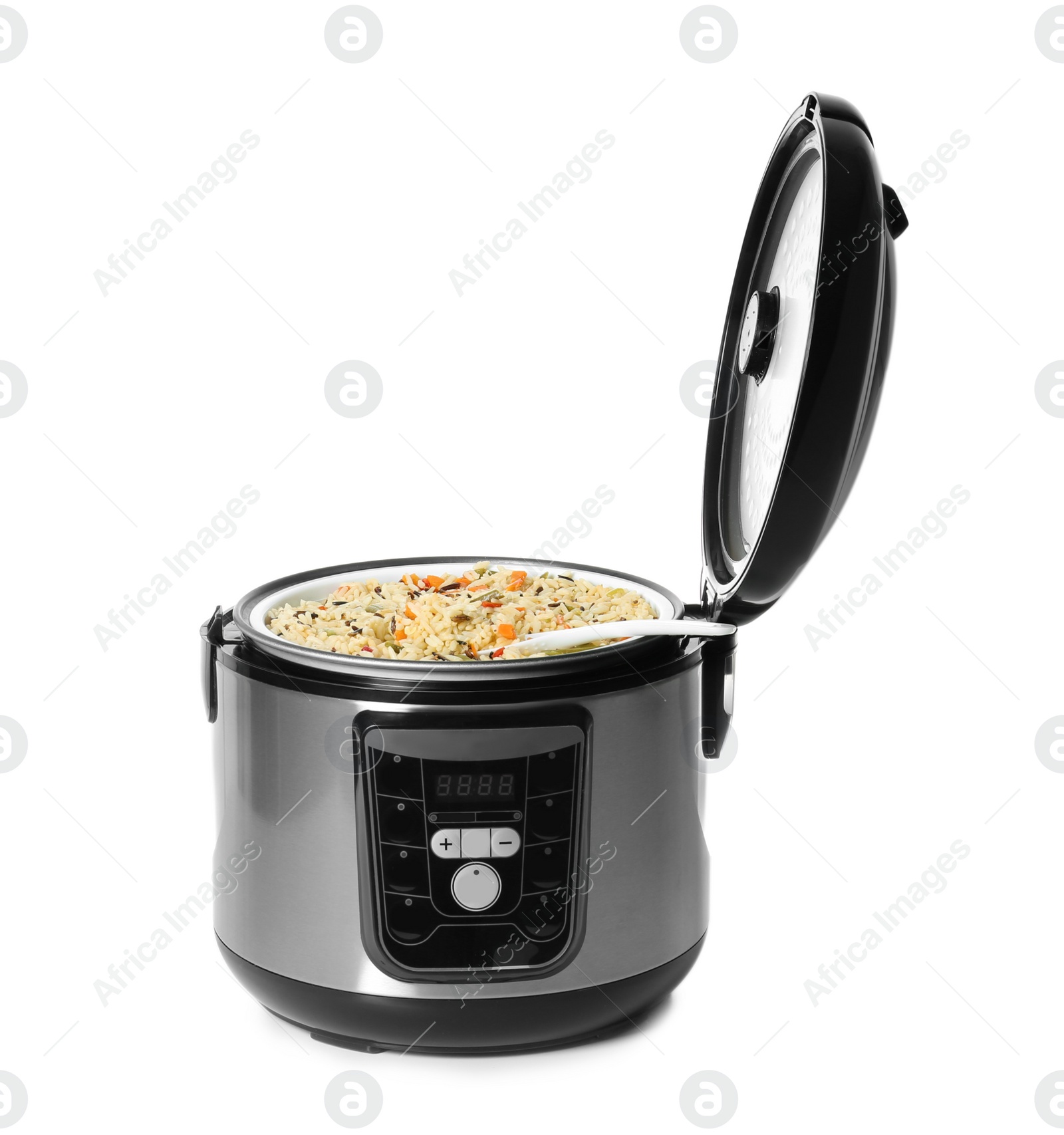 Photo of Delicious rice with vegetables and spoon in modern multi cooker on white background