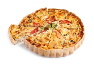 Photo of Tasty quiche with vegetables, chicken and cheese isolated on white