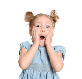 Portrait of cute little girl on white background