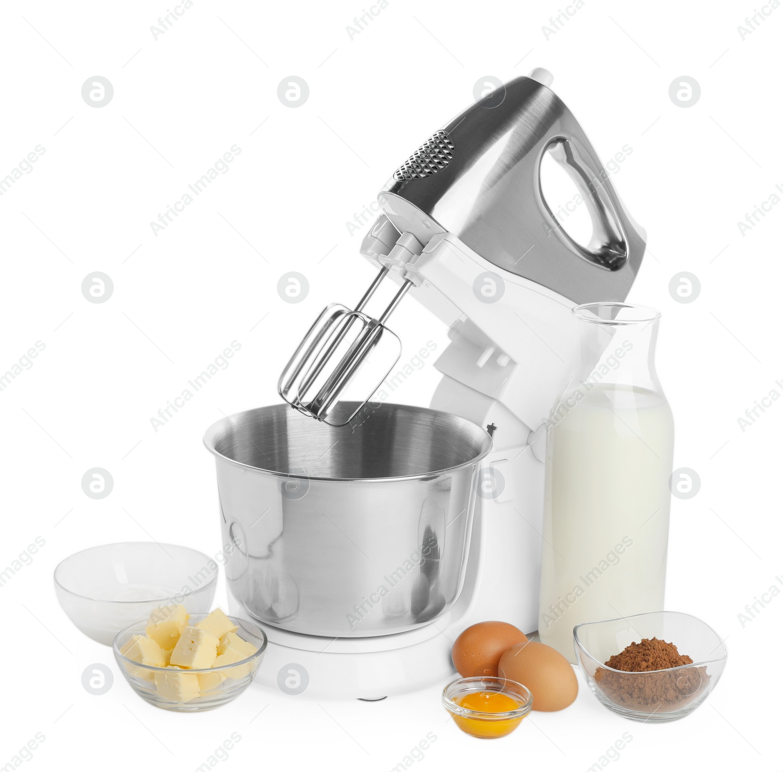 Photo of Stand mixer and different ingredients for dough isolated on white