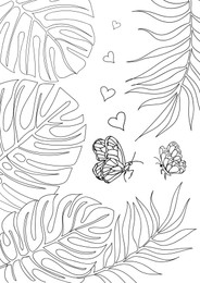 Butterflies and tropical leaves on white background, illustration. Coloring page 