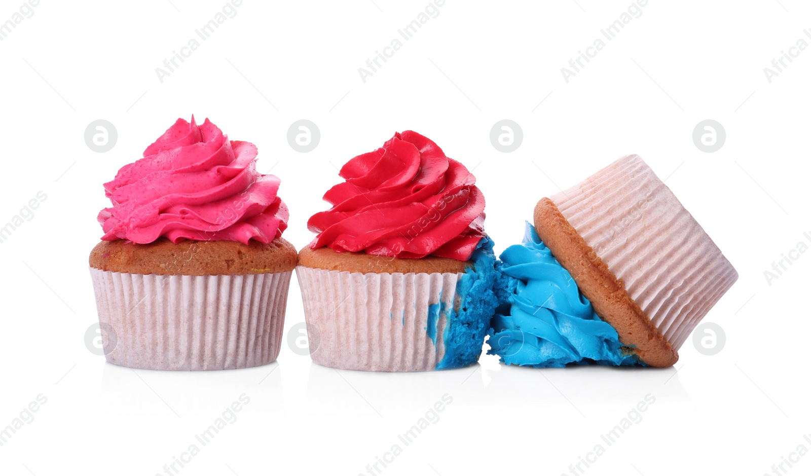 Photo of Dropped cupcake among good ones on white background. Troubles happen