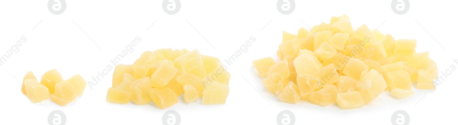 Image of Set with tasty pieces of candied fruits on white background. Banner design