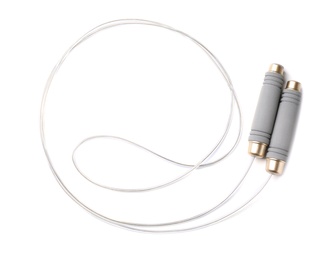 Photo of Jump rope on white background, top view