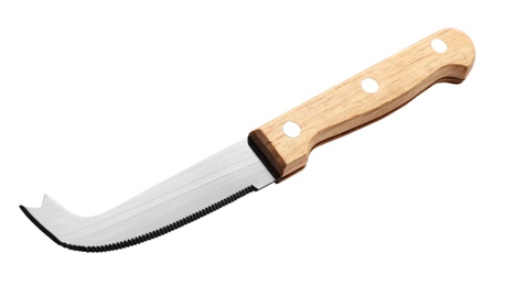 Photo of Fork tipped spear cheese knife with wooden handle isolated on white
